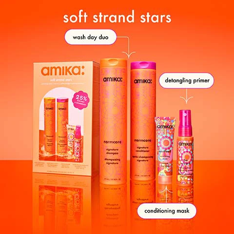 Image 1 - A vibrant orange backdrop features haircare products from amika, including a boxed set labeled soft strand stars with the text wash day duo, a shampoo and conditioner in tall containers, and smaller packaging for a detangling primer and conditioning mask.
Image 2 - Image shows a side-by-side comparison of two pictures of a woman with medium-length hair. The image on the left is labeled before and shows her with dry-looking hair, while the right side, labeled after, shows her with smoother, healthier-looking hair. Below the images, the text reads nourish + soften all hair types experiencing dryness.
Image 3 - Image shows a comparison of hair before and after treatment, with the left side displaying dry, frizzy hair and the right side showing smooth, straight hair; visible text includes before and after along with nourish + soften all hair types experiencing dryness.
Image 4 - Image shows two Amika hair care products, a shampoo and a conditioner, on a pink tiled surface with pink bubbles in the background; visible text includes signature results, 91% agree normcore shampoo gently cleanses hair without stripping moisture, hair is 7X more conditioned, and 94% agree hair felt nourished.
Image 5 - A vibrant yellow background features a jar of Amika Soulfood deep conditioning mask with the lid slightly off, and the text reads deep conditioning mask for all hair types, hair is 91% more manageable + 11.4x more conditioned, makes hair look + feel soft, silky + hydrated, ideal for all hair types experiencing dryness.
Image 6 - A hand is holding a pink spray bottle labeled Amika The Wizard with an orange background, and text on the image states that it detangles all hair types, primes and preps for heat styling, reduces frizz, and protects against 450°F heat.
Image 7 - Image of two orange shampoo and conditioner bottles with a bright background, accompanied by coconut pieces and sea buckthorn berries; the visible text includes nourishing ingredients, SEA BUCKTHORN helps to nourish + restore lipids in hair, and COCONUT ACID helps to lather + condition.
Image 8 - Three colorful boxes of Amika hair care sets are displayed against an orange background, labeled with benefits: deeply hydrate + detangle, cleanse + nourish, and strengthen + reduce breakage, each featuring a 25% off tag.
Image 9 - The image features slices of grapefruit and vanilla alongside white orchid flowers, with labels pointing to each scent element: sandalwood, vanilla, rose, orchid, and grapefruit, with the title the signature scent at the top.
Image 10 - Image of bright orange sea buckthorn berries surrounded by a blurred background with text that reads our signature superfruit: sea buckthorn nourishes strands, scalp + skin while restoring lipids in the hair to help increase shine, manageability, softness + strength.
Image 11 - Two brightly colored hair care bottles labeled Amika Normcore Signature Shampoo and Conditioner are displayed on a vibrant orange towel, with icons indicating the products are color safe, vegan, cruelty-free, silicone-free, paraben-free, phthalate-free, SLES + SLS-free, and suitable for chemically treated hair.