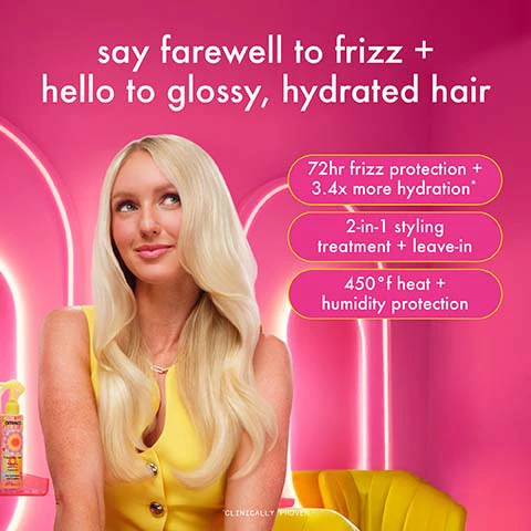 Image 1 - A woman with long, straight blonde hair, wearing a yellow dress, poses against a pink backdrop with the text that reads say farewell to frizz + hello to glossy, hydrated hair, 72hr frizz protection + 3.4x more hydration, 2-in-1 styling treatment + leave-in, and 450°F heat + humidity protection.
Image 2 - Before and after images of a woman showing her frizzy hair on the left and smooth, styled hair on the right, with text below stating smooth results achieved with forget frizz wash care, frizz-me-not treatment + a blowout.
Image 3 - A person with curly, voluminous hair is shown on the left labeled before, and the same person appears on the right with straight, smooth hair labeled after; visible text states smooth results achieved with forget frizz wash care, frizz-me-not treatment + a blowout.
Image 4 - A colorful bottle of Amika Frizz-Me-Not hydrating anti-frizz spray is shown against a vibrant pink and yellow background, with the text all in one frizz-fighting + hydrating spray and milky hydrating, lightweight texture.
Image 5 - A colorful product display featuring a spray bottle of Amikas Frizz-Me-Not hydrating anti-frizz treatment against a gradient pink and orange background, with text indicating it contains hydrasoft smoothing complex, sea buckthorn, and an extended humidity shield, mentioning benefits like humidity protection and nourishment.
Image 6 - Image shows two side-by-side portraits of a woman with curly hair, the left labeled before with voluminous, frizzy hair, and the right labeled after with defined, smoother curls; visible text reads smooth results achieved with forget frizz wash care, frizz-me-not treatment + diffusing curls.
Image 7 - Image shows a side-by-side comparison of a persons hair before and after treatment, with the left side displaying frizzy, unruly hair and the right side showing smooth, defined curls; visible text reads smooth results achieved with forget frizz wash care, frizz-me-not treatment + diffusing curls.
Image 8 - A hairstylist sprays a product onto a womans curly hair while she smiles, both standing in front of a pink background with hair care products and text that reads fight frizz without tension, heat style with a diffuser to maintain + define curls + coils.
Image 9 - A side-by-side comparison image showing a woman with frizzy hair on the left labeled before and the same woman with smooth, straight hair on the right labeled after, with text below stating smooth results achieved with forget frizz wash care, frizz-me-not treatment + a blowout.
Image 10 - A woman with curly hair in a yellow robe is standing in front of a mirror in a bright pink bathroom, holding a spray bottle and styling her hair, with step-by-step instructions to fight frizz displayed on the wall: 1 mist all over clean plus damp hair less is more, 2 comb through to fully saturate hair, 3 blow dry or diffuse for smooth styles or frizz-free curls.
Image 11 - A split image showing a woman with curly, voluminous hair on the left and the same woman with smooth, straight hair on the right, both wearing an orange top, with visible text stating smooth results achieved with forget frizz wash care, frizz-me-not treatment + a blowout.
Image 12 - Image showing two hair care products with descriptions; on the left is frizz-me-not which is a 2-in-1 styling and leave-in treatment for medium to thick hair types, and on the right is the shield which is an anti-humidity spray suitable for all hair types.
Image 13 - A colorful bottle of Amika Frizz-Me-Not hydrating anti-frizz treatment is displayed against a bright pink background, featuring labels for vegan, cruelty-free, paraben-free, phthalate-free, SLES + SLS-free, and suitable for color-treated hair.
Image 14 - An arrangement of orange grapefruit slices and white flowers is shown with labels pointing to different scent notes: Sandalwood, Vanilla, Rose, Orchid, and Grapefruit, with the text the signature scent at the top.
Image 15 - Close-up of vibrant, orange sea buckthorn berries with a purple label text that states our signature superfruit: sea buckthorn nourishes strands, scalp + skin while restoring lipids in the hair to help increase shine, manageability, softness + strength.