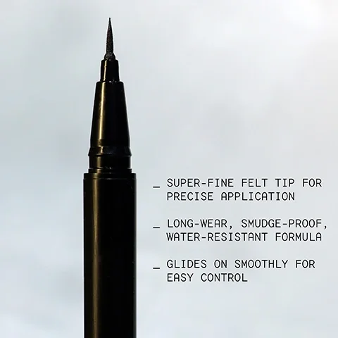 Image 1 - A black felt tip pen is shown from an angle that highlights its super-fine tip, with text on the right describing its features including super-fine felt tip for precise application, long-wear smudge-proof water-resistant formula, and glides on smoothly for easy control.