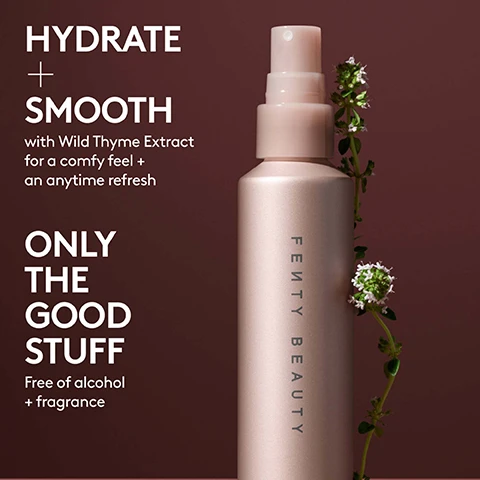 Image 1 - A light pink Fenty Beauty spray bottle with a sprig of thyme wrapped around it is displayed next to text that reads HYDRATE + SMOOTH with Wild Thyme Extract for a comfy feel + an anytime refresh ONLY THE GOOD STUFF Free of alcohol + fragrance. Image 2 - Rihanna with her eyes closed sprays a mist from a bottle onto her face, while text on the left instructs HOW TO USE SPRAY AWAY Spray 10-12 inches from face or directly onto Precision Makeup Sponge 100 + pat on. GET MISTED Apply before and/or after makeup, or during the day for a superfine, hydrating refresh. Image 3 - An image displays a three-step Fenty beauty routine with the title YOUR ROUTINE IS ALL SET, showing Step 1: a lavender Fenty Skin Hydra Vizor SPF 30 Sunscreen Moisturizer tube with a pink product swatch, followed by the text PREP + PROTECT SKIN with Hydra Vizor SPF 30 Sunscreen Moisturizer; Step 2: a Fenty Beauty SoftLit Naturally Luminous Foundation bottle with a bronze swatch, and the text GLOW NATURALLY with SoftLit Naturally Luminous Foundation; and Step 3: a light pink Fenty Beauty You Mist Makeup-Extending Setting Spray bottle with a fine mist, and the text SET + SHIELD with You Mist Makeup-Extending Setting Spray.