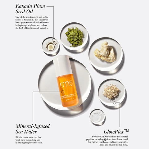 Image 1 - A bottle of RMS SuperSerum Hydrating Mist is surrounded by ingredients like oil, green powder, shea butter, and quinoa, with text labels describing Kakadu Plum Seed Oil One of the most natural and stable forms of Vitamin C, this superfruit has a great source of antioxidants to help plump, brighten, and reduce the look of fine lines and wrinkles, Mineral-Infused Sea Water Rich in ocean minerals that work their nourishing and hydrating magic on the skin, and GlowPlex™ A complex of Niacinamide and natural peptides including Quinoa Seed Extract and Pea Extract that boosts radiance, smooths, firms, and brightens skin tone, plus text on the bottle reading rms SuperSerum Hydrating Mist Brume Hydratante SuperSérum 30 mL / 1 fl. oz. Image 2 - An image showing two amber colored rms beauty product bottles and a checklist with bullet points. The text in the image says 9 OUT OF 10 AGREE IT Instantly Leaves The Skin Feeling Refreshed Improves The Look Of Dry Dull Skin Adds Visible Radiance Is A Refreshing Boost Of Moisture rms Hydrating Mist SuperSerum. Image 3 - A close-up of a persons face holding a bottle with text overlays: NON-COMEDOGENIC (DOES NOT CLOG PORES)** REPLENISHES SKIN BARRIER* 24 HRS OF HYDRATION* DERMATOLOGIST TESTED & SUITABLE FOR SENSITIVE SKIN*. Image 4 - Three RMS Beauty skincare products, a serum mist, face oil, and cream, are shown on a surface with oil droplets, with text reading Your Skin, Only Better Use Solo or Wear Them Rose-Maries Way—Its Your Skins Choice 1 Balance Use in the morning to hydrate & prep skin for makeup or as a nightly treatment 2 Hydrate Works beautifully day or night & over makeup to refresh skin for a dewy, radiant finish throughout the day rms SuperSerum Hydrating Mist Brume Hydratante SuperSerum 30 mL / 1 fl oz rms Kakadu Beauty Oil Huile de Beauté à Kakadu 30 mL / 1 fl oz rms Kakadu Luxe Cream Crème de Luxe à Kakadu 3 Luxuriate Apply AM & PM to lock in moisture or anytime skin needs extra T.L.C.
