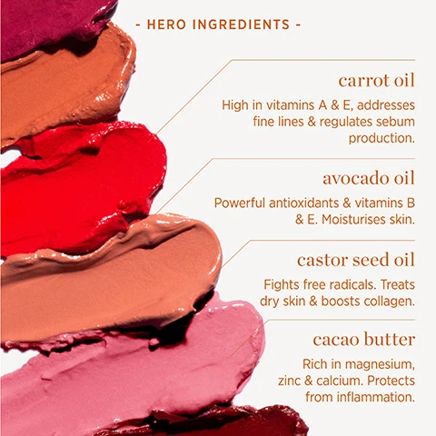Image 1 - Swatches of layered cosmetic colors in shades of red, orange, brown, and pink with text describing hero ingredients and their benefits: HERO INGREDIENTS carrot oil High in vitamins A & E, addresses fine lines & regulates sebum production. avocado oil Powerful antioxidants & vitamins B & E. Moisturises skin. castor seed oil Fights free radicals. Treats dry skin & boosts collagen. cacao butter Rich in magnesium, zinc & calcium. Protects from inflammation. Image 2 - The image features visuals and text for four ingredients: carrot oil high in vitamins a & e. addresses fine lines. regulates sebum production. avocado oil powerful antioxidants & vitamins b & e. moisturises skin. castor seed oil fights free radicals. treats dry skin & boosts collagen. cacao butter rich in magnesium, zinc & calcium. protects from inflammation.