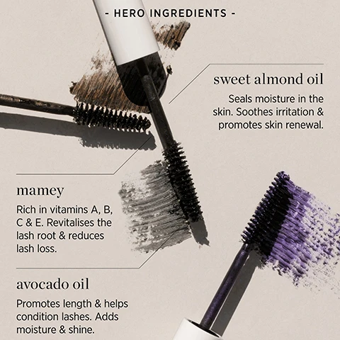 Image 1 - Mascara brushes with swatches and text listing ingredients and their benefits: HERO INGREDIENTS sweet almond oil Seals moisture in the skin. Soothes irritation & promotes skin renewal. mamey Rich in vitamins A, B, C & E. Revitalises the lash root & reduces lash loss. avocado oil Promotes length & helps condition lashes. Adds moisture & shine. Image 2 - Image shows three sections depicting ingredients: avocado with text avocado oil promotes length & helps condition lashes. adds moisture & shine, liquid with text mamey rich in vitamins a, b, c & e. revitalises the lash root & reduces lash loss, and almonds with text sweet almond oil seals moisture in the skin. soothes irritation & promotes renewal. Image 3 - Close-up of a person applying purple mascara with text annotations reading WHAT YOULL LOVE, smudge-proof & water resistant, almond oil for strengthening, no chemicals or synthetics, low irritation for sensitive eyes. Image 4 - Split image of a face showing before and after applying mascara, with text reading before after Natural Almond Mascara Black.