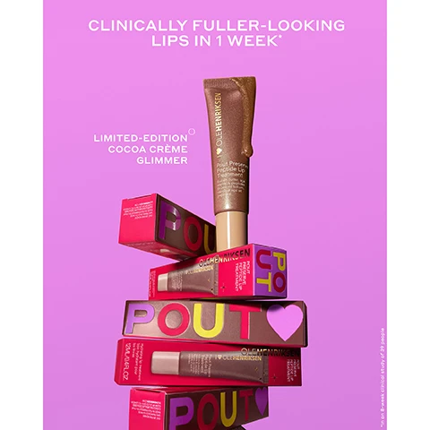 Image 2 - A gold-brown Ole Henriksen Pout Preserve Peptide Lip Treatment tube stands on a stack of four pink and gold product boxes against a purple background, with text reading CLINICALLY FULLER-LOOKING LIPS IN 1 WEEK* LIMITED-EDITION COCOA CRÈME GLIMMER I OLEHENRIKSEN Pout Preserve Peptide Lip Treatment Kokum butter, acai sterols & peptides Beurre de kokum, sterols d’acai et peptides OLEHENRIKSEN POUT PRESERVE PEPTIDE LIP TREATMENT Hydrating lip treatment Soin hydratant pour les lèvres 12ML / 0.4 FL.OZ. DIST. BY/PAR KENDO SAN FRANCISCO CA 94105 CIEAR 2,4 RUE BRILLET, 75016 PARIS MADE IN ITALY/FABRIQUÉ EN ITALIE OLEHENRIKSEN.COM *In an 8-week clinical study of 39 people. Image 3 - The image displays a before and immediately after comparison of a lip treatment, featuring six panels showing three different pairs of lips, with the treated lips appearing glossy and shimmery, and the visible text Pout Preserve Lip Treatment Crème Brûlée Glimmer, Before, and Immediately After. Image 4 - A close-up of a brown shimmery lip product bottle with its curved applicator showing glossy product, surrounded by bright light flares, and text that states Clinically fuller-looking lips in 1 week, Instantly hydrates + improves elasticity, Instantly reduces the look of lip lines, *in an 8-week clinical study on 39 people. Image 5 - A dollop of shimmering brown lip gloss is shown on a pink background, with four callouts explaining ingredients and benefits: LIP-PLUMPING HYDRATION, LIP-SPECIFIC PEPTIDES Make lips look fuller + more defined, KOKUM + MANGO SEED BUTTER Soothe, nourish + condition lips, ACAI STEROLS Help strengthen skin barrier + boost hydration, and SCANDINAVIAN CLOUDBERRY OIL Provides intense moisture + visibly softens lips.