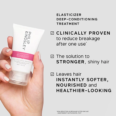 Image 1 - A hand holds a white tube of Philip Kingsley Elasticizer Deep-Conditioning Treatment, while text describes the product as ELASTICIZER DEEP-CONDITIONING TREATMENT, CLINICALLY PROVEN to reduce breakage after one use, The solution to STRONGER, shiny hair, Leaves hair INSTANTLY SOFTER, NOURISHED and HEALTHIER-LOOKING, with a footnote that reads ^46% REDUCTION IN BREAKAGE AFTER ONE USE - INDEPENDENT INSTRUMENTAL TEST. Image 2 - A hand holds a white tube of Philip Kingsley shampoo, with accompanying text describing the product as Body Building Weightless Shampoo, Plumps and thickens the texture of fine strands, Controls flyaways and static, Gently yet thoroughly cleanses away oil, dirt and build-up. Image 3 - A white tube of Philip Kingsley Moisture Balancing Combination Conditioner is shown next to the text Moisture Balancing Combination Conditioner, Lightweight yet deeply conditioning, Reduces breakage, Anti-static formula adds shine and strength. Image 4 - A hand holds a small white tube of Philip Kingsley Styling Frizz-Fighting Gloss Smoothing Serum, with text next to it listing product benefits: Frizz-Fighting Gloss Smoothing Serum, Heat protection up to 190°C, Adds mirror-like shine for vibrancy, and Eliminates frizz for smooth, silky locks. Image 5 - A before and after comparison shows the back of a persons brown hair, with the left side displaying frizzy, wavy hair and the right side displaying smooth, straight hair, labelled BEFORE and AFTER respectively.