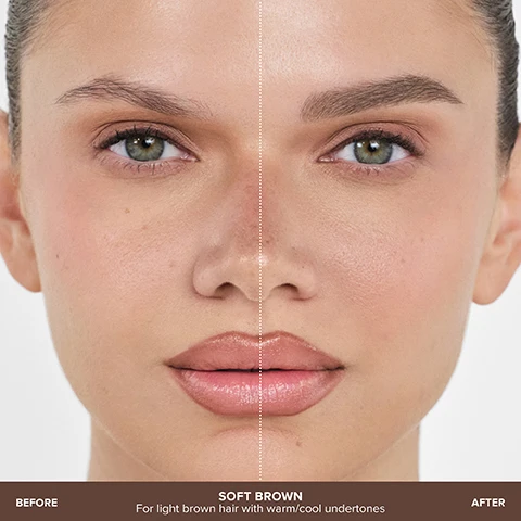 Image 1 - A womans face is split down the middle into before and after views, with the left showing natural, lighter brows and the right showing fuller, darker, more defined brows, accompanied by the text BEFORE AFTER SOFT BROWN For light brown hair with warm/cool undertones. Image 2 - A split image of a womans face shows a before and after comparison of eyebrow enhancement, with the left side showing a natural brow and the right side showing a more defined brow, with text that reads BEFORE, AFTER, SOFT BROWN, and For light brown hair with warm/cool undertones. Image 3 - Two framed cosmetic swatches are displayed: on the left, a dark brown pencil scribble is shown with the text BROW WIZ®; on the right, a thick dark brown tinted brow gel swatch is shown with the text VOLUMIZING TINTED BROW GEL. Image 4 - A black Anastasia Beverly Hills Brow Wiz eyebrow pencil with a retractable brown tip and a spoolie brush stands vertically, with a brown line drawn beside it, next to product features described as: 1MM ULTRA-SLIM, PRECISION TIP FOR HAIR-LIKE STROKES; UNIQUE WAX FORMULA FOR HIGH COLOR PAYOFF + NATURAL TEXTURE; DETAIL + DEFINE BROWS WITH MAXIMUM CONTROL + EASE. Image 5 - A black and clear Anastasia Beverly Hills brow gel tube with a gold band and its removed precision brush wand are displayed against a light background, next to text reading DUAL-ACTION PRECISION BRUSH, NATURAL LOOKING COLOR + VOLUME, LONG-WEARING UP TO 24 HOURS.