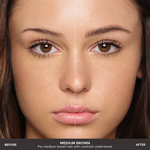 Image 1 - A womans face is shown in a vertical split comparison, with the left side displaying a natural look and the right side showing more defined eyebrows and enhanced makeup, accompanied by the text BEFORE, AFTER, MEDIUM BROWN, For medium brown hair with cool/ash undertones. Image 2 - A close-up of a womans face is split vertically by a dotted line, showing a natural appearance on the left and a look with more defined eyebrows and makeup on the right, with visible text reading BEFORE AFTER MEDIUM BROWN For medium brown hair with cool/ash undertones. Image 3 - Two product swatches are displayed side by side: a dark brown pencil scribble on the left labeled BROW WIZ®, and a dark brown gel brush stroke on the right labeled VOLUMIZING TINTED BROW GEL. Image 4 - A black Anastasia Beverly Hills Brow Wiz eyebrow pencil with an extended fine tip and spoolie brush is displayed alongside a brown product swatch and three feature descriptions: 1MM ULTRA-SLIM, PRECISION TIP FOR HAIR-LIKE STROKES; UNIQUE WAX FORMULA FOR HIGH COLOR PAYOFF + NATURAL TEXTURE; DETAIL + DEFINE BROWS WITH MAXIMUM CONTROL + EASE. Image 5 - A tube of dark brown Anastasia Beverly Hills brow gel with its applicator brush extended, next to text describing product features: DUAL-ACTION PRECISION BRUSH, NATURAL LOOKING COLOR + VOLUME, LONG-WEARING UP TO 24 HOURS.