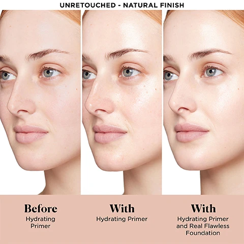 Image 4 - A three-panel image displays a womans face from the side, with the first panel showing bare skin, the second showing skin with hydrating primer, and the third showing skin with hydrating primer and foundation, along with the text UNRETOUCHED - NATURAL FINISH, Before Hydrating Primer, With Hydrating Primer, and With Hydrating Primer and Real Flawless Foundation. Image 5 - A white and pink Laura Mercier Pure Canvas Primer tube sits on a light blue surface covered in water droplets and bubbles, next to text describing its ingredients: Skin Perfecting Complex, Blend of rose extracts moisturizes, protects and smooths skin, Mineral-Enriched Water, Known to decrease dullness and boost hydration, Glycerin, Water-loving ingredient that helps attract moisture to skin, LAURA MERCIER, PURE CANVAS PRIMER, Hydrating, Hydratant. Image 6 - A split image of a womans face, marked UNRETOUCHED at the top, shows a Before state on the left with natural skin texture and an After state on the right with smoother skin, with a pile of beige powder labeled Translucent in the bottom right corner. Image 7 - A light beige powder foundation jar with a light pink lid, labeled LAURA MERCIER, rests on a surface covered in spilled beige powder, with a list of benefits including Talc-Free, Infused with Hyaluronic Acid, Sets Makeup For 16HRs, and Blurs Appearance of Texture and Pores. Image 8 - The image visually shows five Laura Mercier makeup products arranged as a flawless face routine on a white background; visible text includes the main title Your Flawless Face Routine, followed by five steps: STEP 01 Prime Pure Canvas Primer Hydrating, STEP 02 Perfect Tinted Moisturizer Natural Dewy, STEP 03 Conceal Real Flawless Weightless Perfecting Concealer, STEP 04 Blur Translucent Loose Setting Powder Ultra-Blur, and STEP 05 Set and Refresh Translucent Hydrating Setting Spray Ultra-Blur; additional visible text on the products includes LAURA MERCIER on all items, Pure Canvas Primer Hydrating Hydratant on the primer tube, Tinted Moisturizer Natural Dewy Crème Teintée Fraîcheur Naturelle SPF 30 UVB/UVA/PA+++ on the moisturizer tube, and Translucent Hydrating Setting Spray Ultra-Blur Spray de Fixation Hydratant on the setting spray bottle.