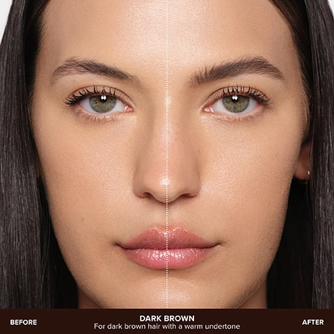 Image 1 - A womans face is split vertically, showing a before and after comparison where the left side has lighter, less defined eyebrows and the right side has darker, fuller eyebrows, with text at the bottom reading BEFORE, DARK BROWN, For dark brown hair with a warm undertone, and AFTER. Image 2 - A split image of a womans face shows her natural brows on the left and enhanced, darker brows on the right, with visible text reading BEFORE DARK BROWN For dark brown hair with a warm undertone AFTER. Image 3 - Two cosmetic swatches are shown, with a dark brown pencil scribble on the left labeled BROW WIZ® and a dark brown gel swatch on the right labeled VOLUMIZING TINTED BROW GEL. Image 4 - A dark brown Anastasia Beverly Hills Brow Wiz eyebrow pencil with a fine tip and spoolie brush is shown on an off-white background, with a curved brown line drawn from its tip, alongside product features listed as 1MM ULTRA-SLIM, PRECISION TIP FOR HAIR-LIKE STROKES, UNIQUE WAX FORMULA FOR HIGH COLOR PAYOFF + NATURAL TEXTURE, and DETAIL + DEFINE BROWS WITH MAXIMUM CONTROL + EASE, while the pencil itself reads BROW WIZ ANASTASIA. Image 5 - An open tube of dark brown Anastasia Beverly Hills brow gel, labeled ANASTASIA BEVERLY HILLS, stands next to its spoolie brush applicator and text outlining its features: DUAL-ACTION PRECISION BRUSH, NATURAL LOOKING COLOR + VOLUME, LONG-WEARING UP TO 24 HOURS.