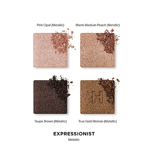 Image 2 - Four metallic eyeshadow pans and scattered powder in shades Pink Opal, Warm Medium Peach, Taupe Brown, and True Gold Bronze with an embossed H, with text Pink Opal (Metallic), Warm Medium Peach (Metallic), Taupe Brown (Metallic), True Gold Bronze (Metallic), EXPRESSIONIST Metallic. Image 3 - Swatches of four metallic eyeshadows in pink opal, warm medium peach, taupe brown, and true gold bronze are shown on three different skin tones with a gold compact, with text reading EXPRESSIONIST Metallic 1. Pink Opal Metallic 2. Warm Medium Peach Metallic 3. Taupe Brown Metallic 4. True Gold Bronze Metallic. Image 5 - A close-up of an eye showing numbered areas for eyeshadow application, with swatches below labelled EXPRESSIONIST Metallic 1 Pink Opal Metallic 2 Warm Medium Peach Metallic 3 Taupe Brown Metallic 4 True Gold Bronze Metallic. Image 6 - An open gold eyeshadow compact with four shades sits on scattered loose powder with overlaid text that reads Talc-free, finely-milled powders, Buildable, blendable color, Velvety-smooth texture, Recyclable packaging. Image 7 - Close-up of a brush applying shimmering pink eyeshadow to an eyelid with the text Velvety-smooth texture, Buildable, blendable color.