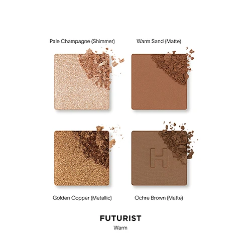 Image 2 - Four square eyeshadow pans with powder spills are labeled Pale Champagne Shimmer, Warm Sand Matte, Golden Copper Metallic, and Ochre Brown Matte, with the text FUTURIST Warm at the bottom. Image 3 - Hand holding a gold Hourglass eyeshadow palette above three arms displaying four numbered eyeshadow swatches with text reading FUTURIST Warm 1. Pale Champagne Shimmer 2. Warm Sand Matte 3. Golden Copper Metallic 4. Ochre Brown Matte. Image 5 - A close-up of an eye shows makeup application areas labeled 1 through 4, with visible text FUTURIST Warm, and color descriptions 1 Pale Champagne Shimmer, 2 Warm Sand Matte, 3 Golden Copper Metallic, 4 Ochre Brown Matte. Image 6 - A gold eyeshadow palette with four shades rests on a surface with scattered powder, next to text that reads Talc-free, finely-milled powders, Buildable, blendable color, Velvety-smooth texture, Recyclable packaging. Image 7 - Close-up of an eye with eyeshadow being applied by a brush Velvety-smooth texture Buildable, blendable color
