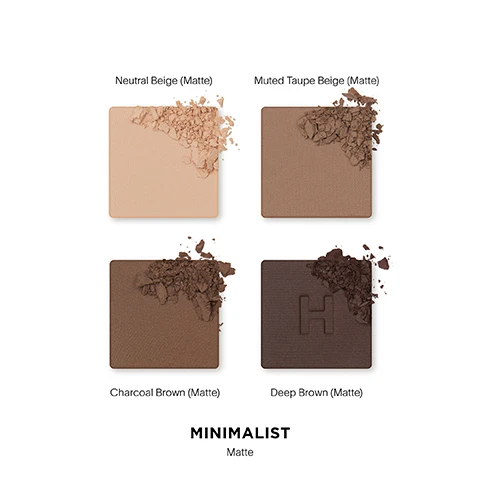 Image 2 - Four square makeup pans in shades of beige, taupe, and brown with corresponding text labels Neutral Beige (Matte), Muted Taupe Beige (Matte), Charcoal Brown (Matte), Deep Brown (Matte), and the product name MINIMALIST Matte. Image 3 - Three arms show swatches of four matte eyeshadow shades numbered 1 to 4 on different skin tones next to text reading MINIMALIST Matte 1 Neutral Beige Matte 2 Muted Taupe Beige Matte 3 Charcoal Brown Matte 4 Deep Brown Matte. Image 5 - Close-up of an eye showing eyeshadow application with markers 1, 2, 3, and 4, with text Minimalist Matte 1 Neutral Beige Matte 2 Muted Taupe Beige Matte 3 Charcoal Brown Matte 4 Deep Brown Matte. Image 6 - A golden eyeshadow palette is open on spilled powder, showing four shades inside, with text that says Talc-free, finely-milled powders Buildable, blendable color Velvety-smooth texture Recyclable packaging. Image 7 - A close-up image shows a makeup brush applying shimmering eyeshadow to an eye with text reading Velvety-smooth texture and Buildable, blendable color.