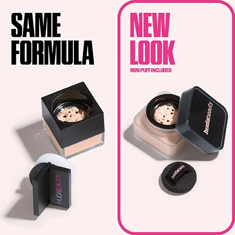 Image 1 - A comparison shows the old square packaging for Huda Beauty powder with a white puff next to the new rounded rectangular packaging with a mini black puff and the text SAME FORMULA NEW LOOK MINI PUFF INCLUDED. Image 2 - Split image of a womans face showing a before side with skin texture and an after side with smoother skin with the text NO RETOUCHING BEFORE EASY BAKE LOOSE POWDER AFTER EASY BAKE LOOSE POWDER CHERRY BLOSSOM CAKE. Image 3 - Three close-up images show a womans face in three steps of a makeup routine, with visible text at the top THE EASY ROUTINE, the first step shows bare skin with text PRIME EASY BLUR PRIMER and a product image, the second step shows skin with foundation applied with text BLUR EASY BLUR FOUNDATION MACCHIATO 400G and a product image, the third step shows skin with powder applied with text BAKE EASY BAKE LOOSE POWDER PEACH PIE and a product image. Image 4 - A woman holds a container labeled Huda Beauty Easy Bake powder near her face with text reading 100% AGREED THE PRODUCT BLURRED FINE LINES & PORES* and *Based on an independent study on 48 people of all genders, skin types and tones using Easy Bake. Image 5 - Two open containers of Huda Beauty Easy Bake pink setting powder, one large and one mini size, are shown with visible text hudabeauty EASY BAKE HUDA BEAUTY MINI EASY BAKE.