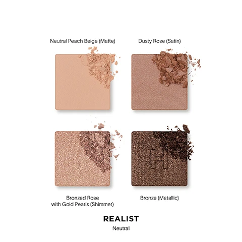 Image 2 - Four makeup pans showing Neutral Peach Beige (Matte), Dusty Rose (Satin), Bronzed Rose with Gold Pearls (Shimmer), and Bronze (Metallic) shades and textures, with text REALIST Neutral at the bottom. Image 3 - Swatches of four makeup shades are shown on two different skin tones next to a gold Hourglass compact and the text REALIST Neutral 1. Neutral Peach Beige Matte 2. Dusty Rose Satin 3. Bronzed Rose with Gold Pearls Shimmer 4. Bronze Metallic. Image 5 - Close-up of an eye with eyeshadow demonstrating application steps marked 1, 2, 3, and 4, with text below listing eyeshadow shades: REALIST Neutral, 1 Neutral Peach Beige Matte, 2 Dusty Rose Satin, 3 Bronzed Rose with Gold Pearls Shimmer, 4 Bronze Metallic. Image 6 - A gold eyeshadow palette with four pans of neutral shades sits on spilled powder with text reading Talc-free, finely-milled powders, Buildable, blendable color, Velvety-smooth texture, Recyclable packaging. Image 7 - A makeup brush applies eyeshadow to a persons eye, with text Velvety-smooth texture and Buildable, blendable color.