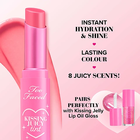 Image 1 - Pink tube of Too Faced Kissing Juicy Tint with a pink swipe, alongside text and a small image of Too Faced Kissing Jelly Lip Oil Gloss: INSTANT HYDRATION & SHINE LASTING COLOUR 8 JUICY SCENTS! PAIRS PERFECTLY with Kissing Jelly Lip Oil Gloss. Image 2 - A swipe of pink glossy lip product with the text TREAT YOUR LIPS TO A SWEET BUBBLEBUM SCENT!. Image 3 - A woman models pink lipstick and purple eyeliner with the text GET THE LOOK Swipe On Lips For A Pop Of Lasting Color. Top With Kissing Jelly Lip Oil Gloss To Refresh Your Shine Any Time! Image 4 - Close up of lips wearing a shiny pink lip product with two pink lip products and swatches shown below, with text LIP PAIRING KISSING JUICY TINT + KISSING JELLY GLOSS IN SHADE BUBBLEGUM. Image 5 - Swatches of seven lip gloss shades from top to bottom light nude to dark plum with text FROM TOP TO BOTTOM: CREAM SODA PEACH RINGS BUBBLEGUM STRAWBERRY FROSTING SOUR WATERMELON CHERRY PIE RASPBERRY GRAPE SODA.
