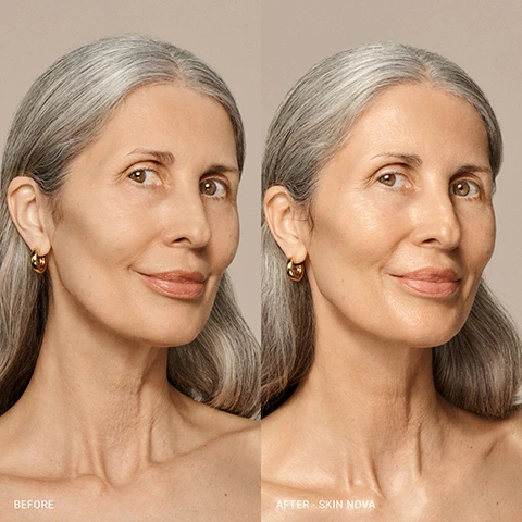 Image 1 - A split image shows a woman with gray hair and gold hoop earrings, with the left side labeled BEFORE depicting her face and neck with more visible wrinkles, and the right side labeled AFTER - SKIN NOVA depicting her skin as smoother and more radiant. Image 2 - A before and after comparison shows a woman with natural, matte skin on the left, labeled BEFORE, and radiant, dewy skin on the right, labeled AFTER - SKIN NOVA. Image 3 - A grid of four close-up images shows two sets of lips before and after applying Bounce Balm, with the before images showing dry lips and the after images showing glossy, hydrated lips, accompanied by the text BEFORE and AFTER - BOUNCE BALM. Image 4 - A grid of four images shows before and after comparisons of mascara on two different skin tones: the top row features a light-skinned eye with sparse lashes before and voluminous lashes after, while the bottom row shows a dark-skinned eye with thick lashes before and even thicker, more voluminous lashes after, with text reading BEFORE - SPARSE, AFTER - MODERN MASCARA, BEFORE - THICK, AFTER - MODERN MASCARA. Image 5 - A grid of four close-up images of eyes comparing mascara application results, with the top left showing a youthful eye labeled BEFORE - FULL, the top right showing the same eye with defined lashes labeled AFTER - MODERN MASCARA, the bottom left showing an eye with fine lines labeled BEFORE - MATURE, and the bottom right showing the same mature eye with defined lashes labeled AFTER - MODERN MASCARA.