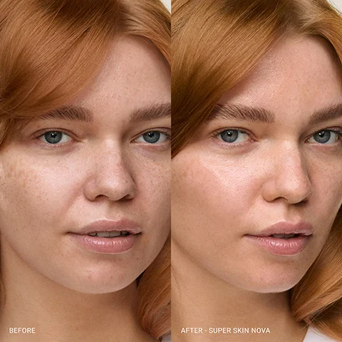 A split image shows a womans face with reddish-blonde hair and blue eyes, depicting her skin before and after a product application, with visible freckles and a natural texture on the left, and smoother, more even-toned, radiant skin on the right, with the text BEFORE and AFTER - SUPER SKIN NOVA.