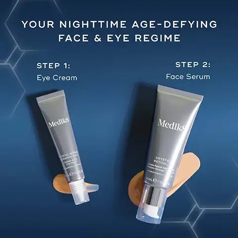 Image 3 - Two silver Mediki8 skincare tubes are presented on a dark blue background with product swatches: on the left is a tube of eye cream with a screw cap, and on the right is a tube of face serum with a pump dispenser, featuring the visible text Your Nighttime Age-Defying Face & Eye Regime, Step 1: Eye Cream, Mediki8 Crystal Retinal Ceramide Eye 3 Smooth & Lift Eye Cream Internationally Patented 15mL/0.5 FL.OZ, Step 2: Face Serum, Mediki8 Crystal Retinal 3 Stable Retinal Night Serum Medium-Strength Vitamin A Internationally Patented 30mL/1.0 FL.OZ. Image 4 - Two silver Medik8 skincare tubes, one larger and one smaller, stand on a dark blue surface, with visible text reading CRYSTAL RETINAL FACE SERUM Visibly firms, brightens and smooths your skin while you sleep, Medik8 CRYSTAL RETINAL 3 Stable Retinal Night Serum Medium-Strength Vitamin A INTERNATIONALLY PATENTED 30mL / 1.0 Fl. Oz, CRYSTAL RETINAL CERAMIDE EYE Targets the appearance of crows feet, fine lines and puffiness, and Medik8 CRYSTAL RETINAL CERAMIDE EYE 3 Smooth & Lift Eye Cream INTERNATIONALLY PATENTED 15mL / 0.5 Fl. Oz. Image 5 - A before and after image shows an older womans eye and cheek area, with noticeable wrinkles on the left side labeled BEFORE and reduced wrinkles on the right side labeled AFTER 4 WEEKS, accompanied by Medik8 Crystal Retinal 6 and Crystal Retinal Ceramide Eye 6 products, and text stating Wrinkles visibly reduced in 4 weeks*, *Proven via independent clinical study on Crystal Retinal 6 & Crystal Retinal Ceramide Eye 6. Tested on 29 participants over 8 weeks. Image 6- An image displays a Mediks8 Retinal Rewind skincare set containing a blue box and four silver tubes against a dark blue background, with a prominent hexagonal graphic in the top left corner that reads SAVING £27, and text on the box that says Medik8 RESULTS WITHOUT COMPROMISE Retinal Rewind AGE-DEFYING FACE & UNDER EYE COLLECTION CRYSTAL RETINAL® 3 30mL 1.0 Fl. Oz. CRYSTAL RETINAL® CERAMIDE EYE 3 15mL 0.5 Fl. Oz.