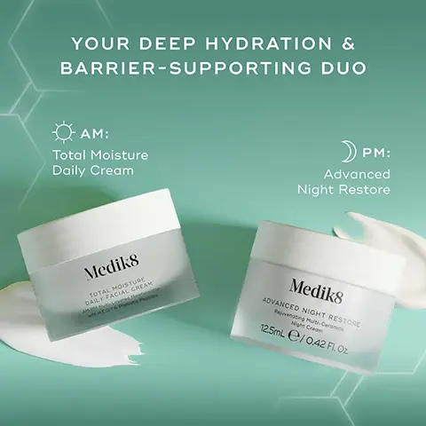 Image 3 - The image shows two white Medik8 skincare cream jars on a teal background with faint hexagonal patterns and cream swatches, promoting them as YOUR DEEP HYDRATION & BARRIER-SUPPORTING DUO; the left jar is for AM use, titled Total Moisture Daily Cream, with a label reading Medik8 TOTAL MOISTURE DAILY FACIAL CREAM AM/PM Multi-Layered Moisturisation with H.E.O. & Prebiotic Peptides, while the right jar is for PM use, titled Advanced Night Restore, with a label reading Medik8 ADVANCED NIGHT RESTORE Rejuvenating Multi-Ceramide Night Cream 12.5mL e / 0.42 Fl. Oz. Image 4 - The image shows two open jars of Medik8 cream with white cream visible at the top, on a teal background, accompanied by text describing the products: TOTAL MOISTURE DAILY FACIAL CREAM 100 hours of deep moisture and proven skin barrier support* Medik8 TOTAL MOISTURE DAILY FACIAL CREAM AM/PM Multi-Layered Moisturisaton with H.E.O.™ & Prebiotic Peptides ADVANCED NIGHT RESTORE Deeply nourish your skin & smooth visible wrinkles Medik8 ADVANCED NIGHT RESTORE Rejuvenating Multi-Ceramide Night Cream 12.5mL e / 0.42 Fl. Oz. *Proven via independent clinical study on Total Moisture Daily Facial Cream on 33 volunteers over 2 weeks. Image 5 - A split image shows a womans face before and immediately after applying a product, with the after image showing visibly reduced wrinkles around her eye and cheek highlighted by dashed circles, alongside a jar of Medik8 Total Moisture Daily Facial Cream, with the text: BEFORE IMMEDIATELY AFTER 100hrs of clinically proven moisturisation* *Proven via independent clinical study on Total Moisture Daily Facial Cream on 33 volunteers over 2 weeks Medik8 TOTAL MOISTURE DAILY FACIAL CREAM AM/PM Multi-Layered Moisturisation with H.E.O. & Prebiotic Peptides. Image 6 - A split image shows a womans face with the left side labeled BEFORE showing prominent wrinkles and the right side labeled AFTER 7 DAYS OF USE showing visibly smoother skin with reduced wrinkles, accompanied by text that reads Proven to Smooth Stubborn Wrinkles & Visibly Lift Skin in just 7 Days** and a note **Proven via independent clinical study on Advanced Night Restore on 20 volunteers over 4 weeks, next to a jar of Medik8 Advanced Night Restore Rejuvenating Multi-Ceramide Night Cream 50ml e / 1.6 Fl. Oz.