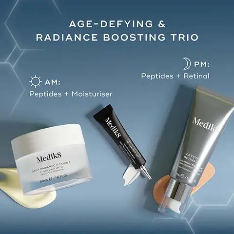 Image 3 - Three Medik8 skincare products, a white jar, a black tube, and a silver tube, are arranged on a blue background with hexagonal patterns, each with a swatch of its formula; the visible text reads AGE-DEFYING & RADIANCE BOOSTING TRIO AM: Peptides + Moisturiser Medik8 DAILY RADIANCE VITAMIN C C-Tetra Cream SPF 30 Two-in-One Moisturiser 50ml e / 1.6 Fl. Oz. PM: Peptides + Retinal Medik8 LIQUID PEPTIDES ADVANCED MP 30% Anti-Wrinkle Serum 30% Multi-Peptide Complex Dual MiniProteins 30ml e / 1.0 Fl. Oz. Medik8 CRYSTAL RETINAL 3 Stable Retinal Night Serum Medium-Strength Vitamin A INTERNATIONALLY PATENTED 30ml e / 1.0 Fl. Oz. Image 4 - A split image displays a persons forehead, labeled BEFORE, showing visible wrinkles, and a second image, labeled AFTER 1 TUBE, showing significantly reduced wrinkles, alongside a silver tube of Medik8 Crystal Retinal 6 Stable Retinal Night Serum Super-Strength Vitamin A 30ml e/1.0 fl.oz., with additional text stating 9/10 agree this is the best anti-ageing serum they have ever used*, and *Proven via independent clinical study on the Crystal Retinal ladder tested on 30 participants over 24 weeks. Image 5 - A promotional image showcases three Medik8 skincare products: a silver bottle with text Medik8 CRYSTAL RETINAL 3 Stable Retinal Night Serum Medium-Strength Vitamin A INTERNATIONALLY PATENTED 30ml e 1.0 Fl. Oz., presented alongside the large text CRYSTAL RETINAL Visibly reduces wrinkles; a black tube with text Medik8 LIQUID PEPTIDES ADVANCED MP Anti-Wrinkle Serum 30% Multi-Peptide Complex Dual MiniProteins, presented alongside the large text LIQUID PEPTIDES ADVANCED MP Plumps & firms your skin; and a white jar with text Medik8 DAILY RADIANCE VITAMIN C C-Tetra Cream SPF 30 Two-in-One Moisturiser 50ml e 1.6 Fl. Oz., presented alongside the large text DAILY RADIANCE VITAMIN C Hydrates, brightens & protects with SPF 30. Image 6 - A before and after image displays the side of a face, showing prominent wrinkles near the eye and temple area on the left, labeled BEFORE, and significantly reduced wrinkles on the right, labeled AFTER 8 weeks, along with a Medik8 Liquid Peptides Advanced MP serum bottle, and the visible text reads: BEFORE AFTER 8 weeks Clinically proven to improve the look of deep-set wrinkles in 8 weeks ** **Proven via independent clinical study on Liquid Peptides Advanced MP tested on 34 participants at 10 minutes & 8 weeks Medik8 LIQUID PEPTIDES ADVANCED MP Anti-Wrinkle Serum 30% Multi-Peptide Complex with Growth Factors Dual MiniProteins 30MLE / 1.0 Fl. Oz. Image 7- A Medika skincare gift set featuring a large box and various products displayed on a blue draped surface, with visible text SAVING £33, Medika RESULTS WITHOUT COMPROMISE, Rejuvenation Reset AGE-DEFYING & RADIANCE BOOSTING TRIO, Daily Radiance Vitamin C SPF 30, Crystal Retinal 6, and Liquid Peptides Advanced.