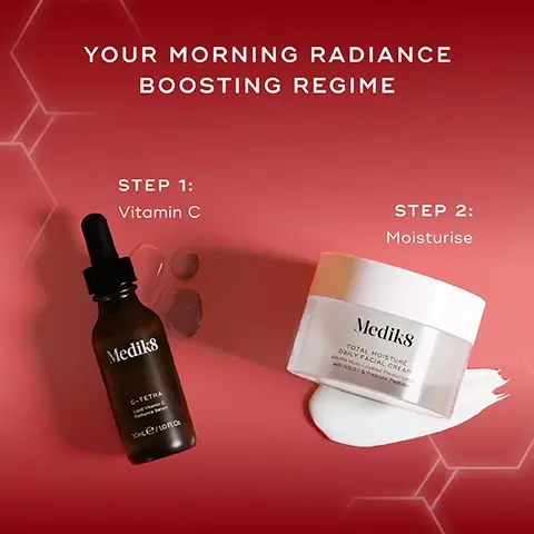 Image 3 - A red image with hexagon patterns presents Your Morning Radiance Boosting Regime, showing a brown dropper bottle of Medik8 C-TETRA Lipid Vitamin C Radiance Serum 30mL e / 1.0 Fl. Oz. with clear liquid drops for Step 1: Vitamin C, and a white jar of Medik8 TOTAL MOISTURE DAILY FACIAL CREAM AM/PM Multi-Layered Moisturisation with H.E.O. & Prebiotic Peptides with white cream for Step 2: Moisturise. Image 4 - An image on a red background shows a Medik8 C-TETRA Lipid Vitamin C Radiance Serum 30ml e / 1.0 Fl. Oz. bottle and a Medik8 TOTAL MOISTURE DAILY FACIAL CREAM AM/PM Multi-Layered Moisturisation with H.E.O.® & Prebiotic Peptides jar, with additional text C-TETRA Visibly restores the look of skin radiance, perfect for beginners or sensitive skin, TOTAL MOISTURE DAILY FACIAL CREAM 100 hours of deep moisture and proven skin barrier support*, and *Proven via independent clinical study on Total Moisture Daily Facial Cream on 33 volunteers over 2 weeks. Image 5 - A split image shows a womans face before and immediately after product application, demonstrating a visible reduction in wrinkles and improved skin hydration highlighted by a dotted circle, alongside a jar of Medik8 Total Moisture Daily Facial Cream, with overlaying text that states BEFORE, IMMEDIATELY AFTER, 100hrs of clinically proven moisturisation, and Proven via independent clinical study on Total Moisture Daily Facial Cream on 33 volunteers over 2 weeks. Image 6- An image displays a Mediks skincare set with a gift box and individual products on a red background, featuring text that reads Saving £27, Medik8 Results Without Compromise, Radiance Wrapped Brightening & Barrier Strengthening Duo, C-Tetra 30mL e 1.0 fl.oz., and Total Moisture Daily Facial Cream 30mL e 1.0 fl.oz.