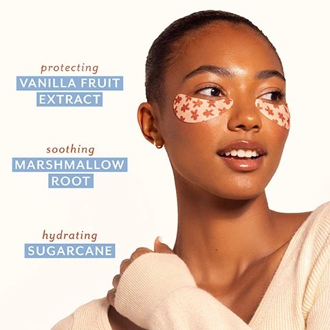 Image 3 - A person with patterned orange eye patches under their eyes smiles while looking right, wearing a cream sweater, with text on the left reading protecting VANILLA FRUIT EXTRACT, soothing MARSHMALLOW ROOT, hydrating SUGARCANE. Image 4 - A smiling woman with gingerbread-man patterned eye patches under her eyes holds a packet of the same eye patches. The image features visible text: GINGERBREAD-INSPIRED SCENT & DESIGN, patchology, LIMITED EDITION!, HOLIDAY TREATS, SMOOTHING & HYDRATING NO-SLIP EYE PATCHES, PATCHES LISSANTS & HYDRATANTS POUR LE CONTOUR DE YEUX, 1 PAIR/PAIRE, and no-slip eye patches.