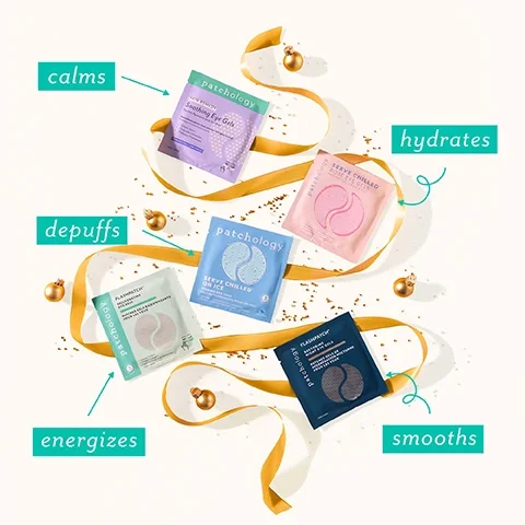 Image 3 - A flat lay image shows five different colored Patchology eye gel packets scattered on a white background with festive gold ribbon and glitter, including a purple Skin Remedy Soothing Eye Gels packet for calms, a pink Serve Chilled Rose Eye Gels packet for hydrates, a light green Flashpatch Rejuvenating Eye Gels packet for depuffs and energizes, a light blue Serve Chilled On Ice Firming Eye Gels packet, and a dark blue Flashpatch Restoring Night Eye Gels packet for smooths.