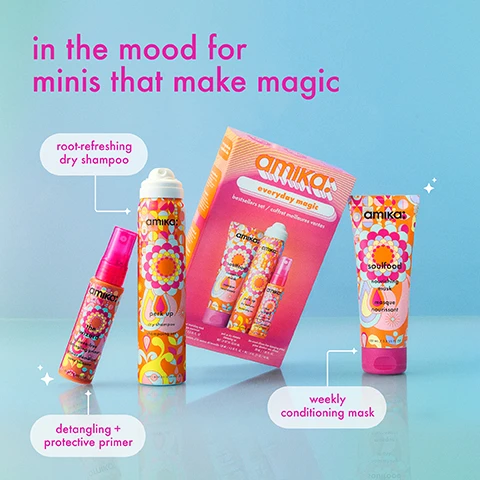 Image 2 - A light blue background displays a collection of Amika hair care products with vibrant floral-patterned packaging, featuring three full-size items and a gift set containing three mini versions, with visible text reading in the mood for minis that make magic, root-refreshing dry shampoo, Amika perk up dry shampoo shampooing sec NET 1.8 OZ (51 G) 64 ML, detangling + protective primer, Amika the wizard silicone-free detangling primer primer démêlant sans silicone 30 ML / 1 US FL. OZ., weekly conditioning mask, Amika soulfood nourishing mask masque nourrissant 100 ML / 3.3 US FL. OZ., Amika everyday magic bestsellers set / coffret meilleures ventes, contents of kit / contenu de lensemble: Amika soulfood nourishing mask masque nourrissant 100 ML / 3.3 US FL. OZ., Amika perk up dry shampoo shampooing sec NET 1.8 OZ (51 G) 64 ML, Amika the wizard silicone-free detangling primer primer démêlant sans silicone 30 ML / 1 US FL. OZ. Image 3 - A before and after comparison image shows a woman with dark hair; on the left, her wavy hair appears less voluminous, and on the right, her hair is smoother and has more volume, with the labels before and after, and the text instantly refresh roots + boost volume. Image 4 - A before and after comparison of a persons hair from behind, showing dry, frizzy hair on the left and smooth, shiny hair on the right, with text labels before, after, and nourish + soften all hair types experiencing dryness. Image 5 - Four orange sea buckthorn berries float in a bright orange liquid with text that reads: our signature superfruit sea buckthorn nourishes + restores lipids in the hair to help increase shine, manageability, softness + strength. Image 6 - A light green to light blue gradient background with scattered white star shapes features a vertical list of product attributes with pink icons and text: vegan, cruelty-free, paraben-free, phthalate-free, SLES + SLS free, suitable for chemically-treated + color-treated hair.