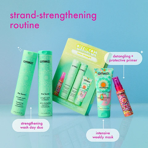 Image 2 - The image showcases a strand-strengthening routine with Amika hair care products on a blue background, featuring two large mint green bottles of The Kure Strength Repair Shampoo and Conditioner highlighted as a strengthening wash day duo, a mint green tube of The Kure Intense Bond Repair Mask presented as an intensive weekly mask, a small pink and orange Amika The Wizard Silicone-Free Detangling Primer spray bottle described as a detangling plus protective primer, and an Amika Inner Strength gift box containing miniature versions of The Kure Strength Wash Day Essentials, all under the main text strand-strengthening routine. Image 3 - A yellow and green Amika Inner Strength box containing a pink spray bottle and three green bottles/tubes of hair products is displayed on a blue and green gradient background with white and pink text reading: in the mood for strong + protected strands, the kure collection strengthen + reduce breakage in the shower, the wizard detangling primer detangle + protect against 450°F heat, amika inner strength, amika: the wizard silicone-free detangling primer, amika: the kure strength repair shampoo, amika: the kure strength repair conditioner, amika: the kure intense strength repair mask. Image 4 - A before and after image of a persons curly reddish-brown hair viewed from the back, showing the left side labeled before with frizzy hair and the right side labeled after with more defined and shinier curls, accompanied by the text strengthen + reduce breakage on all hair types. Image 5 - A side-by-side image displays a persons dark, medium-length hair from the back, showing a before state with wavy and slightly frizzy hair on the left, and an after state with smoother, straighter, and more voluminous hair on the right, with text that reads before, after, and strengthen + reduce breakage on all hair types. Image 6 - Three oval orange sea buckthorn berries float in a vibrant orange liquid with small bubbles, next to the text our signature superfruit sea buckthorn nourishes + restores lipids in the hair to help increase shine, manageability, softness + strength. Image 7 - An image with a light green to blue gradient background displays six pink icons, each accompanied by descriptive text: a leaf in a V shape with vegan, a bunny with a star with cruelty-free, a drop with a leaf with paraben-free, an atom symbol with phthalate-free, a crossed-out circle with SLES + SLS free, and a stylized dropper with a drop with suitable for chemically-treated + color-treated hair, all accented by scattered white star graphics.