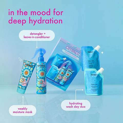 Image 2 - A collection of Amika Hydro Rush hair products, including a spray bottle, a tube, a box set, and two pouches, are arranged on a light blue background, with the visible text in the mood for deep hydration, detangler + leave-in-conditioner, weekly moisture mask, hydrating wash day duo, amika moisture-minded hydration routine set / coffret routine hydratante, amika hydro rush intense moisture shampoo shampooing hydratation intense 60 ml / 2 US FL OZ, amika hydro rush intense moisture conditioner après-shampooing hydratation intense 60 ml / 2 US FL OZ, amika hydro rush intense moisture leave-in conditioner soin sans rinçage hydratation intense 200 ML / 6.7 US FL OZ, and amika hydro rush intense moisture mask masque hydratation intense 200 ML / 7 US FL OZ. Image 3 - A before and after image showing the back of a persons head with brown hair, where the left side labeled before shows frizzy, undefined hair and the right side labeled after shows moisturized, defined curls, with additional text deeply hydrate dry + textured hair (2a-4c). Image 4 - A side-by-side image shows the back of a persons head with curly, textured hair before and after treatment, with the before side showing frizzier hair and the after side showing more defined, hydrated hair, with the visible text before, after, and deeply hydrate dry + textured hair (2a-4c). Image 5 - A split image shows a before and after comparison of hair, with the left side displaying dull, frizzy, and less defined hair with visible text before, and the right side showing shiny, defined wavy hair with visible text after, alongside a banner at the bottom that reads hydrate + detangle all hair types. Image 6 - Three bright orange sea buckthorn berries are partially submerged in a vibrant orange liquid with small bubbles, next to the text our signature superfruit sea buckthorn nourishes + restores lipids in the hair to help increase shine, manageability, softness + strength. Image 7 - The image displays a list of product features with magenta icons on a teal and green gradient background: vegan, cruelty-free, paraben-free, phthalate-free, SLES + SLS free, and suitable for chemically-treated + color-treated hair.
