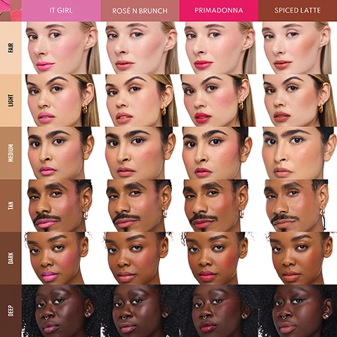 Image 2 - A grid of models demonstrates four blush shades on six different skin tones, featuring the blush shades IT GIRL, ROSÉ N BRUNCH, PRIMADONNA, and SPICED LATTE, applied to FAIR, LIGHT, MEDIUM, TAN, DARK, and DEEP complexions. Image 3 - A four-panel collage features a dark-skinned person with two gold nose rings and dark pink lipstick, a light-skinned person with bright pink lipstick and blush, and a dark-skinned person with ombre pink and purple lipstick and blush, alongside a textured pink background with white text that reads BLURRING MATTE COLOR FOR CHEEKS & LIPS IT GIRL. Image 4 - A four-panel image shows a man and two women wearing pink blush and lipstick, one woman holding an open compact of the product, alongside swatches of the pink matte product with visible text: BLURRING MATTE COLOR FOR CHEEKS & LIPS ROSÉ N BRUNCH DANESSA MYRICKS BEAUTY. Image 5 - A collage displays a smiling person holding a pink blush compact labeled DARESSA MYRACKS BEAUTY, two other people modeling the pink cheek and lip color, and a textured pink swatch with white text that reads BLURRING MATTE COLOR FOR CHEEKS & LIPS PRIMADONNA. Image 6 - A four-panel image displays three women of varying skin tones wearing a reddish-brown blush and lipstick, with one panel showing a textured swatch of the product and the text BLURRING MATTE COLOR FOR CHEEKS & LIPS SPICED LATTE. Image 7 - A triptych image shows three womens faces demonstrating different makeup applications: the first woman has a natural look, the second has blush on her cheeks, and the third has red lipstick; the text reads MULTI-USE BLURRING ESSENTIALS, PRIME, CHEEKS, LIPS, BLUR • SMOOTH • SHAPE • COLOR. Image 8 - A flat lay image displays five makeup swatches in shades of bright pink, rosy brown, creamy yellow, coral pink, and dark brown, with four open Danessa Myricks Beauty product pots matching the blush swatches and one closed pot next to the creamy yellow swatch, alongside a large creamy yellow swatch with the text Yummy Skin Blurring Balm Powder No Color Radiant Blurring Primer, and a large coral pink swatch with the text Yummy Skin Blurring Balm Powder Flushed All Over Face, Cheeks & Lips, presented as the Flushed Essentials Limited Edition Kit. Image 9 - The image displays five swatches of cream makeup products in pink, rosy brown, translucent gold pearl, vibrant hot pink, and warm brown, with the title Flushed Essentials and product names: IT GIRL POPPY COOL PINK, ROSÉ N BRUNCH NEUTRAL ROSY PINK, BALM POWDER RADIANT TRANSLUCENT WITH SOFT GOLD PEARL, PRIMADONNA VIBRANT HOT PINK, and SPICED LATTE WARM BROWN.