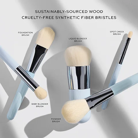Five makeup brushes with light blue handles and light synthetic fiber bristles are arranged on a white background, labeled as Foundation Brush, Baby Blender Brush, Liquid Blender Brush, Powder Brush, and Spot Check Brush, with additional text stating Sustainably-Sourced Wood, Cruelty-Free Synthetic Fiber Bristles, and Westman Atelier visible on the handles.