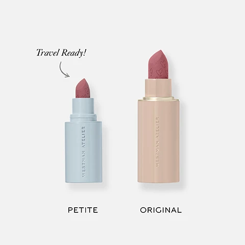 Image 1 - Two Westman Atelier lipsticks are displayed, a smaller light blue tube with pink lipstick labeled PETITE and a larger light peach tube with pink lipstick labeled ORIGINAL, both lipsticks feature heart engravings, and text above the smaller one reads Travel Ready! Image 2 - Three makeup swatches are displayed, including a red swatch labeled MA BICHE Spanish Red, a mauve swatch labeled LIMITED EDITION! ELODIE Mauve Berry, and a dusty rose swatch labeled JE RÊVE Blushy Nude. Image 3 - A coral-pink lipstick with embossed hearts and water droplets emerges from a light beige tube partially submerged in water with bubbles, next to text that reads: HYDRO SUEDE TECHNOLOGY, A lip-plumping, moisture-locking system that delivers matte pigment, HYALURONIC ACID, ATTRACTS MOISTURE LIKE A MAGNET, MEADOWFOAM EXTRACT, SEALS MOISTURE IN, KAOLIN CLAY, MATTIFIES, NO SMUDGING, and ATELIER is written vertically on the side of the tube.