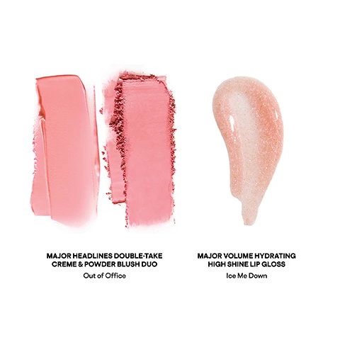 Image 1 - Image showing two peach-pink blush swatches, one creamy and one powdery, next to a shimmery peach-pink lip gloss swatch, with text that reads MAJOR HEADLINES DOUBLE-TAKE CREME & POWDER BLUSH DUO Out of Office and MAJOR VOLUME HYDRATING HIGH SHINE LIP GLOSS Ice Me Down. Image 2 - Two women with pink blush and lip gloss are shown next to textured swatches of pink powder and cream blush, with the text MAJOR HEADLINES DOUBLE-TAKE CRÈME & POWDER BLUSH DUO Out of Office. Image 3 - A womans face is shown in three panels, demonstrating the effect of makeup, with the first panel showing a natural face, the second with powder blush, and the third with crème blush applied over powder for a more dewy and vibrant look; the panels are labeled BEFORE, WITH POWDER, and WITH CRÈME OVER POWDER, and the final panel also includes the text PATRICKS TECHNIQUE WITH SHES BLUSHING. Image 4 - A light background features text at the top and four cosmetic swatches in red, dark pink, light pinkish-brown, and dark brown at the bottom, with the text Major Benefits, Crème and Powder in one Compact, Long Wearing, Cruelty Free, Talc Free.