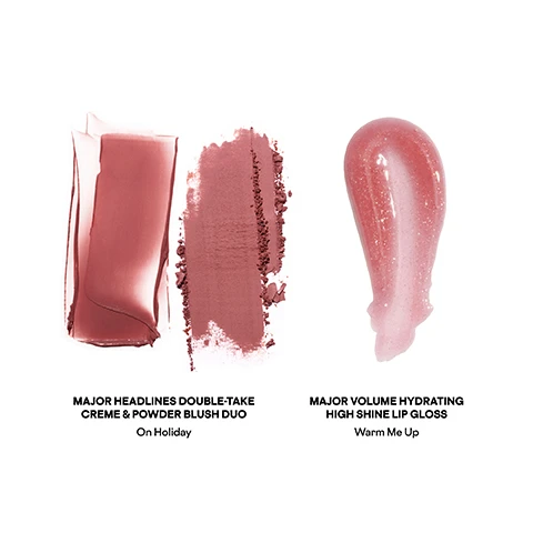 Image 1 - The image shows two swatches of a rosy-mauve creme and powder blush next to a swatch of shimmery rosy-mauve lip gloss, with text that reads MAJOR HEADLINES DOUBLE-TAKE CREME & POWDER BLUSH DUO On Holiday and MAJOR VOLUME HYDRATING HIGH SHINE LIP GLOSS Warm Me Up. Image 2 - The image shows three models with diverse skin tones, each wearing a pink or plum-toned blush, alongside a swatch of a dual-textured blush product that includes both a smooth cream and a powdered form in a mauvy-pink shade, with the visible text Major Headlines Double-Take Crème & Powder Blush Duo On Holiday. Image 3 - The image displays a three-panel comparison of a womans face, showing her bare face, then with powder blush, and finally with crème over powder blush for a more luminous effect, with labels reading BEFORE, WITH POWDER, WITH CRÈME OVER POWDER, and PATRICKS TECHNIQUE WITH SHES BLUSHING. Image 4 - Four swatches of cosmetic powders in red, pink, light peach, and brown are shown beneath text that reads: MAJOR BENEFITS CRÈME AND POWDER IN ONE COMPACT LONG WEARING CRUELTY FREE TALC FREE.