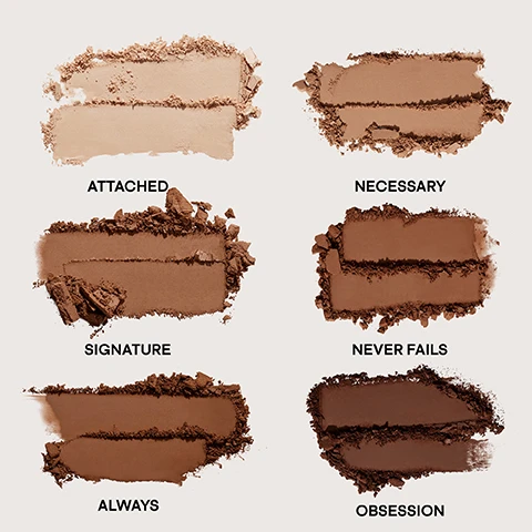 Image 1 - Six swatches of powdered makeup, ranging from light beige to very dark brown, are labeled Attached, Necessary, Signature, Never Fails, Always, and Obsession. Image 2 - Three open eyeshadow palettes featuring brown, beige, and black shades are displayed on a light background with scattered makeup powder, next to text that reads: MAJOR BENEFITS, HIGH PIGMENT PAYOFF, WARM & NEUTRAL TONE MATTES, BLENDABLE SHADES FOR SMOOTH APPLICATION, TALC-FREE, VEGAN AND CRUELTY-FREE. Image 3 - Three women with deep, medium, and light skin tones, each holding an open palette of neutral makeup shades, are featured with the text Artist Curated Neutrals For Every Skin Tone Deep Medium Light.