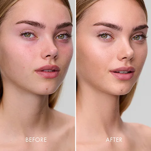 Split image shows a womans face before and after makeup or treatment, with visible redness and under-eye circles on the left and smoother, more even skin tone on the right, labeled BEFORE and AFTER.