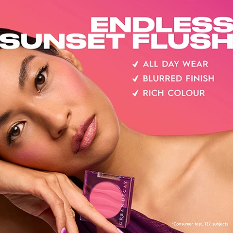 Image 1 - A woman with blush holds a Urban Decay compact with text overlay ENDLESS SUNSET FLUSH ALL DAY WEAR BLURRED FINISH RICH COLOUR *Consumer test, 132 subjects. Image 2 - Image shows two Urban Decay compacts with orange product and a swatch, with text UP TO 12HR WEAR, WATERPROOF, SWEAT-RESISTANT, TRANSFER-RESISTANT, SMUDGE-RESISTANT, URBAN DECAY, *Consumer test, 132 subjects. Image 3 - The image is a grid showing A GUIDE TO FINDING YOUR FLUSH, with skin tone categories FAIR, LIGHT, MEDIUM, MED - DEEP, and DEEP displayed next to model photos and corresponding blush shade swatches for WHOLE HEARTED, BACKTALK, FLESHED OUT, SLOW BURN, TOUCH ME, SUNSET + VINE, and SITUATIONSHIP. Image 4 - Two women wearing makeup, one in a purple top and the other in a red hijab, pose against a pink background with the text BLURRED FINISH. Image 5 - Image showing models demonstrating blush application techniques for different face shapes with diagrams and instructions: BLUSH-MAPPING: ENHANCE YOUR FACE SHAPE. OBLONG: APPLY TO MIDDLE OF THE CHEEKS. BLEND OUTWARD. ROUND: SCULPT & SWEEP UPWARD AT A 45-DEGREE ANGLE. HEART: START IN THE CENTER AND SWEEP UPWARD TO TEMPLES. OVAL: APPLY DIRECTLY TO THE APPLES OF THE CHEEKS & SWEEP UPWARD. SQUARE: APPLY IN CIRCULAR MOTIONS TO THE APPLES OF THE CHEEKS. Image 6 - A woman with dark skin and a red headscarf applying blush with a makeup brush, with the text SUEDE SOFT POWDER at the bottom.