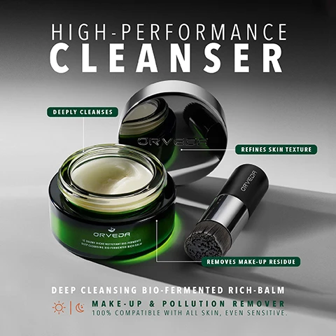 Image 1 - A green jar of ORVEDA cleanser balm with its lid off and a brush, with text reading HIGH-PERFORMANCE CLEANSER DEEPLY CLEANSES REFINES SKIN TEXTURE REMOVES MAKE-UP RESIDUE ORVEDA LE BAUME RICHE NETTOYANT BIO-FERMENTE DEEP CLEANSING BIO-FERMENTED RICH-BALM MAKE-UP & POLLUTION REMOVER 100% COMPATIBLE WITH ALL SKIN, EVEN SENSITIVE. Image 2 - Close up of skin and an eye with survey results showing SAW AN EFFECTIVE REMOVAL OF MAKEUP 91%** SAW SOFT AND SMOOTH SKIN 95%* 98%*** AGREED THE TEXTURE IS PLEASANT *CONSUMER TEST - 2 WEEKS OF CONTINUOUS USAGE - 55 PARTICIPANTS. **CONSUMER TEST - 1 WEEK OF CONTINUOUS USAGE - 55 PARTICIPANTS. ***CONSUMER TEST - 1 WEEK OF CONTINUOUS DAILY USAGE - 44 PARTICIPANTS. Image 3 - The image displays text BUILD YOUR ROUTINE, WE SUGGEST THAT, WITHIN 3 MINUTES (MAX.) POST-CLEANSING, 1. APPLY THE VITAL SAP™, 2. FOLLOWED BY THE OMNIPOTENT CONCENTRATE™, 3.FINISH WITH OUR FIRM BREW CREAM, with four green Orveda skincare products including bottles and jars shown below.