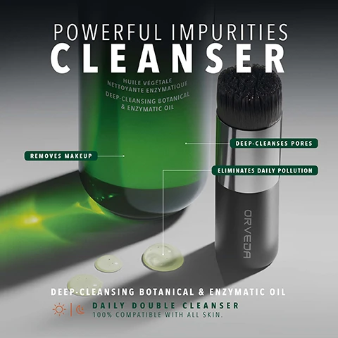 Image 1 - Image shows a green bottle of cleanser and a brush next to drops of oil, with text reading POWERFUL IMPURITIES CLEANSER HUILE VÉGÉTALE NETTOYANTE ENZYMATIQUE DEEP-CLEANSING BOTANICAL & ENZYMATIC OIL REMOVES MAKEUP DEEP-CLEANSES PORES ELIMINATES DAILY POLLUTION ORVEDA DAILY DOUBLE CLEANSER 100% COMPATIBLE WITH ALL SKIN. Image 2 - Close-up of skin with product and text stating INSTANTLY BOOSTS SKINS HYDRATION BY 58%* 93%** IMPROVES SKINS NOURISHMENT BY SKIN REPAIR IS IMPROVED BY 37%* *CLINICAL TEST IMMEDIATE HYDRATION TEST SINGLE APPLICATION - 30 TESTERS. **CLINICAL TEST - 4 WEEKS OF CONTINUOUS DAILY USAGE - 30 TESTERS. Image 3 - An image showing a skincare routine guide and ORVEDA products with the text: BUILD YOUR ROUTINE 1. CLEANSE YOUR SKIN USING OUR DEEP-CLEANSING BOTANICAL & ENZYMATIC OIL 2. COMPLETE YOUR CLEANSE WITH OUR DEEP CLEANSING BIO-FERMENTED RICH BALM 3. WITHIN 3 MINUTES (MAX) POST-CLEANSING WE SUGGEST APPLYING THE VITAL SAP™ 4. FOLLOWED WITH THE OMNIPOTENT CONCENTRATE™ 5. AS A FINISHING CARE TREATMENT - ON TOP OF OR IN PLACE OF OUR BOTANICAL CREAMS - USE OUR CONTOUR-LIFT EFFECT ORVEDA THE FRENCH GREEN BIO-TECH EFFET LIFT-CONTOURS CONTOUR-LIFT EFFECT LA SÈVE PRIMORDIALE™ THE VITAL SAP™ LE CONCENTRÉ OMNIPOTENT™ THE OMNIPOTENT CONCENTRATE™ PASSE - PRÉSENT - FUTUR LE BAUME RICHE NETTOYANT BIO-FERMENTÉ DEEP CLEANSING BIO-FERMENTED RICH BALM HUILE VÉGÉTALE NETTOYANTE ENZYMATIQUE DEEP-CLEANSING BOTANICAL & ENZYMATIC OIL.