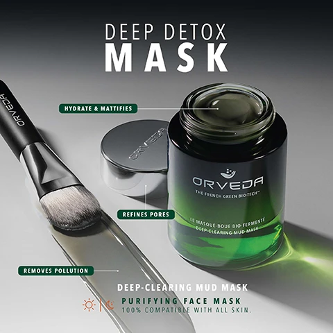 Image 1 - Image shows a jar of green face mask and a brush with product, featuring text DEEP DETOX MASK, Orveda The French Green Bio-Tech, Le Masque-Boue Bio-Fermente Deep-Clearing Mud-Mask, Purifying Face Mask, 100% Compatible With All Skin, with benefits Hydrate & Mattifies, Refines Pores, and Removes Pollution highlighted. Image 2 - Close-up of skin with grey mask product and text SAW IMPURITIES CLEARED FROM THE SKIN 100%* 92%* SAW A VISIBLE REDUCTION IN PORE SIZE SAW UNCLOGGED PORES 94%* *CONSUMER TEST - 2 WEEKS OF USE, ONE SINGLE APPLICATION - 55 PARTICIPANTS. Image 3 - Image shows a skincare routine with text listing steps and five dark green and silver skincare product bottles and jars BUILD YOUR ROUTINE 1. CLEANSE YOUR SKIN WITH DEEP-CLEANSING BOTANICAL & ENZYMATIC OIL 2. POST-CLEANSING, APPLY THE DEEP-CLEARING MUD MASK (2 TIMES A WEEK) 3. THEN APPLY THE OMNIPOTENT CONCENTRATE™ 4. TO HELP REJUVENATE SKIN GLOW AROUND THE EYE AREA USE EYE UNVEILER IN THE AM AND EYE-CONTOUR BOTANICAL GEL IN THE PM TO REDUCE EYE PUFFINESS IF YOU HAVE DRY OR DEHYDRATED SKIN MOISTURISE WITH THE BIO-TECH EMULSION™ ORVEDA THE FRENCH GREEN BIO-TECH HUILE VÉGÉTALE NETTOYANTE ENZYMATIQUE DEEP-CLEANSING BOTANICAL & ENZYMATIC OIL LE MASQUE-BOUE BIO-FERMENTÉ DEEP-CLEARING MUD MASK GEL BOTANIQUE REGARD EYE-CONTOUR BOTANICAL GEL LÉMULSION BIO-TECH™ THE BIO-TECH EMULSION™ LE CONCENTRÉ OMNIPOTENT™ PASSE - PRÉSENT - FUTUR THE OMNIPOTENT CONCENTRATE™ PAST - PRESENT - FUTURE DÉVOILEUR REGARD EYE UNVEILER.