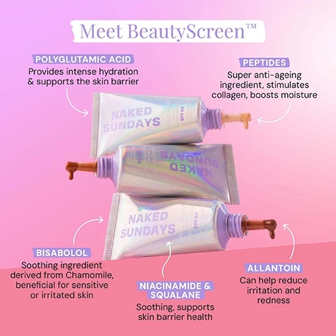 Image 1 - Three tubes of Naked Sundays BeautyScreen Peptide Foundation Tint SPF 50 are shown with product squeezed out of two, with text overlays explaining ingredients reading Meet BeautyScreen, POLYGLUTAMIC ACID Provides intense hydration & supports the skin barrier, PEPTIDES Super anti-ageing ingredient, stimulates collagen, boosts moisture, BISABOLOL Soothing ingredient derived from Chamomile, beneficial for sensitive or irritated skin, NIACINAMIDE & SQUALANE Soothing, supports skin barrier health, ALLANTOIN Can help reduce irritation and redness, and text on the tubes reading NAKED SUNDAYS BeautyScreen Peptide Foundation Tint SPF 50 Broad Spectrum Sunscreen 30mL 1.01fl.oz. Image 2 - A row of foundation bottles in various shades is shown with text Meet BeautyScreen, Peptides Super anti-ageing ingredient, stimulates collagen, boosts moisture, Polyglutamic Acid Provides intense hydration & supports the skin barrier, Bisabolol Soothing ingredient derived from Chamomile, beneficial for sensitive or irritated skin, Niacinamide & Squalane Soothing, supports skin barrier health, Allantoin Can help reduce irritation and redness. Image 3 - Before and after comparison photo of a womans face showing the text BEFORE and AFTER, with an overlay of FIONA WEARS Shade 6. Image 4 - Grid shows five women with medium skin tones wearing foundation and holding a tube labeled NAKED SUNDAYS, with swatches labeled Shade 3.5, Shade 4, Shade 5, Shade 6, Shade 7, and a large swatch labeled MEDIUM Tones.
