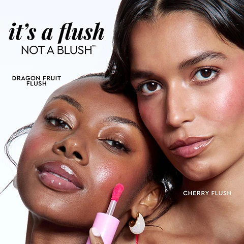 Image 1 - A close-up of two women with glowing skin and flushed cheeks, one holding a pink cosmetic applicator, with text reading its a flush NOT A BLUSH™, DRAGON FRUIT FLUSH, and CHERRY FLUSH. Image 2 - A close-up portrait shows a person with dark hair and bangs, wearing dewy pink blush on their cheeks and glossy mauve lip balm, with visible text that reads Emma wears Dewy Flush in Cherry Flush and Glass Balm in Coconut Bingsu. Image 3 - A person with dark skin, visible freckles, glossy pink lips, and rosy cheeks holds a reddish-pink bottle labeled Glow Recipe Watermelon Glow Niacinamide Dewy Blush, next to text that reads Your unique flush, A sheer, 100% skincare-based formula that lets your real skin shine through. Image 4 - A person with deep skin smiles broadly with closed eyes, a hand holding a red cherry to their dewy, flushed cheek, and glossy lips, with the text Seynabou wears Dewy Flush in Cherry Flush and Glass Balm in Coconut Bingsoo. Image 5 - A split image shows a dark-skinned persons cheek before and after 6 weeks, with an oval highlighting dark spots that appear lighter in the after photo, and two pink cosmetic applicators dripping liquid are shown at the bottom, accompanied by the text: BEFORE, AFTER 6 WEEKS, UNRETOUCHED, Reduces the look of hyperpigmentation overtime*, *IN A CONSUMER-USE STUDY WITH 32 PARTICIPANTS DURING A 4-WEEK PERIOD. Image 6 - A pinkish-red cosmetic product bottle, possibly with a product swatch or applicator, against a white background displays text immediately 100% AGREE DEWY FLUSH APPLIES SEAMLESSLY TO SKIN AND FEELS WEIGHTLESS*, over time 97% AGREE SKIN LOOKS & FEELS MORE HYDRATED*, and on the bottle label GLOW RECIPE WATERMELON GLOW NIACINAMIDE DEWY FLUSH™, with a footnote *IN A CONSUMER-USE STUDY WITH 32 PARTICIPANTS DURING A 4-WEEK PERIOD. Image 7 - A pink gradient background with a sliced watermelon at the bottom, displays text that reads YOUR FAVORITE tinted cheek serum, with two columns of information: 3% NIACINAMIDE Clinically effective in brightening dark spots, and WATERMELON EXTRACT Rich in vitamins & hydration, both leading to Work together to brighten & plump cheeks over time. Image 8 - An advertisement shows two teardrop-shaped bottles of tinted cheek serum, one pink and one red, with their wands dripping product, next to text that reads: a tinted cheek serum POWERED BY 100% SKINCARE, 3% NIACINAMIDE Brightens dark spots & minimizes pores, JOJOBA OIL-COATED PIGMENTS Non-comedogenic pigments for a sheer, buildable flush of color, and WATERMELON EXTRACT, CENTELLA ASIATICA, & HYALURONIC ACID Hydrates, plumps, & soothes cheeks; both bottles have labels reading GLOW RECIPE WATERMELON GLOW HUEY BLUSH. Image 9 - A close-up of a persons face shows a red liquid blush applicator adding a drop of blush to a rosy cheek, with the text flush WITHOUT THE FUSS and Dot on cheeks, layer to level-up your flush, and blend with fingertips. No tools or expertise needed!Image 10 - Five cosmetic lip products in various pink and berry shades, some open with wands, are artfully arranged with fresh fruit including watermelon, cherries, a halved dragon fruit, and a blackberry, with visible text Watermelon Flush, Cherry Flush, Berry Flush, Dragon Fruit Flush, and on each product label Glow Recipe Watermelon Glow Dewy Pop.
