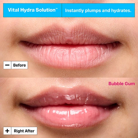 Image 1 - A before and after comparison image shows a close-up of lips: the top section displays natural, somewhat dry lips, labeled Before, and the bottom section shows the same lips looking plump, hydrated, and glossy pink, labeled Right After and Bubble Gum; a blue banner across the top states Vital Hydra Solution™ Instantly plumps and hydrates. Image 2 - Three pink transparent bear-shaped lip balm containers are displayed against a pink background and white surface, with one open and floating to reveal pink balm, and two closed containers resting; the containers show Dr. Jart+ branding, and the image also features the text Powered by Hyaluronic Acid for intense hydration. Image 3 - A bright pink background features multiple glossy, translucent pink objects including two bear-shaped containers, spheres with bubbles, and a butterfly shape, with the text Lips look instantly plumper with sheer pink shine. Image 4 - A smiling woman with dark hair holds a shiny pink bear-shaped container labeled Dr.Jart+ near her eye, with text in the foreground that reads Instantly reduces the look of dry lines for smoother lips. Image 5 - Four cosmetic products are displayed on a pink background: a closed pink Dr Jart+ bear-shaped container, an open blue jar with light pink cream labeled Original, an open pink jar with darker pink cream labeled Bubble Gum, and a closed blue Dr Jart+ bear-shaped container. Image 6 - A translucent bright pink bear-shaped container with Dr. Jart+ on its side rests on swirls of lighter pink gel-like product, with text that reads Jelly texture with a sheer pink hue.