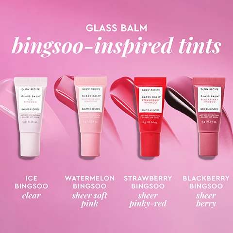 Image 2 - A pink background image features four Glow Recipe Glass Balm lip tint tubes with matching swatches and the text GLASS BALM bingsoo-inspired tints; from left to right, they are: Ice Bingsoo (off-white tube, clear), Watermelon Bingsoo (light pink tube, sheer soft pink), Strawberry Bingsoo (red tube, sheer pinky-red), and Blackberry Bingsoo (berry-colored tube, sheer berry), with each tube also including the text Glow Recipe, Glass Balm, Baume À Lèvres, Lasting Hydration + Glassy Lip Shine, 4 g | 0.14 oz. Image 3 - A pink tube of Glow Recipe Glass Balm Watermelon Bingsu lip product stands upright in a silver dessert bowl filled with shaved ice, watermelon balls, and pink syrup, with visible text reading 12 HOURS OF HYDRATION*, HYALURONIC MICROSPHERES Flood lips with hydration to fill & plump lines, FRUIT ACTIVES Delivers antioxidant-rich nourishment, and on the tube GLOW RECIPE GLASS BALM WATERMELON BINGSOO LASTING HYDRATION + GLASSY LIP SHINE 4 g | 0.14 oz., plus the footnote *Based on a 42-subject consumer perception study after 1-week use. Image 4 - A close-up shows a persons glossy, reddish-pink lips with a red lip gloss applicator applying more product, accompanied by text that reads 97% AGREE LIPS FEEL SOFTER & LOOK JUICY**, 97% AGREE DIDNT DRY LIPS OUT*, 95% AGREED LIPS LOOK SMOOTHER*, and *Based on a 42-subject consumer perception study after 1-week use. Image 5 - A cosmetic image displays four shades of lip gloss, each presented as a color swatch and modeled on lips of three different skin tones, from left to right: first row, a clear gloss labeled Ice Bingsoo clear; second row, a sheer soft pink gloss labeled Watermelon Bingsoo sheer soft pink; third row, a sheer pinky-red gloss labeled Strawberry Bingsoo sheer pinky-red; and fourth row, a sheer berry gloss labeled Blackberry Bingsoo sheer berry.