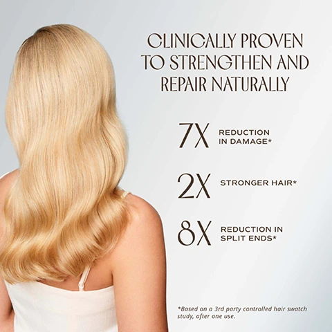 Image 1 - A woman with long, blonde, wavy hair is shown from the back, with overlaid text that reads: CLINICALLY PROVEN TO STRENGTHEN AND REPAIR NATURALLY, 7X REDUCTION IN DAMAGE*, 2X STRONGER HAIR*, 8X REDUCTION IN SPLIT ENDS*, *Based on a 3rd party controlled hair swatch study, after one use. Image 2 - A creamy white product base is visually accompanied by a green moringa leaf sprig, a light-colored whole nut, a half nut, and curled orange peels, with descriptive text reading: HYDROLYZED MORINGA PROTEIN Deeply penetrates the hair cortex to repair damage, working more efficiently than synthetic bonding ingredients. TAMANU OIL Seals the hair cuticle and locks in moisture. VITAMIN C Helps boost collagen production in the hair to enhance strength and elasticity. Image 3 - A split image shows dark, frizzy hair on the left labeled BEFORE and dark, defined curly hair on the right labeled AFTER. Image 4 - A side-by-side image of blonde hair shows a frizzy texture on the left and a smooth texture on the right, with the sections labeled BEFORE and AFTER. Image 5 - A split image displays light brown hair with the left side showing frizzy hair labeled BEFORE and the right side showing smoother hair labeled AFTER.