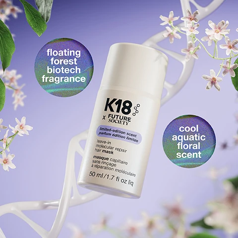Image 1 - A white K18 x Future Society leave-in molecular repair hair mask bottle is centered against a background of a DNA-like helix, leaves, and small pink flowers, with text on the bottle reading K18 X FUTURE SOCIETY limited-edition scent parfum édition limitée leave-in molecular repair hair mask masque capillaire sans rinçage à réparation moléculaire 50 ml / 1.7 fl oz liq, and two circular badges display floating forest biotech fragrance and cool aquatic floral scent. Image 2 - A white bottle of K18 x Future Society limited-edition hair mask, with its cap removed and a small dollop of white product, sits on a light purple background, featuring the text patented K18PEPTIDE™ reverses damage from bleach, color + chemical services, and heat*; highly concentrated formula; for all hair types; cool aquatic floral notes; works in 4 minutes; easy leave-in, no rinse needed; K18 x FUTURE SOCIETY limited-edition scent parfum édition limitée leave-in molecular repair hair mask masque capillaire sans rinçage à réparation moléculaire 50 ml / 1.7 fl oz liq; and *k18hair.com/disclaimers. Image 3 - Two white K18 hair mask bottles are shown against a purple background, with the left bottle featuring an Allure Best of Beauty 2022 award badge and text at the top reading NEW limited-edition scent same bestselling mask, K18 BIOMIMETIC HAIRSCIENCE leave-in molecular repair hair mask masque capillaire sans rinçage à réparation moléculaire 50 ml / 1.7 fl oz liq, and K18 X FUTURE SOCIETY limited-edition scent parfum édition limitée leave-in molecular repair hair mask masque capillaire sans rinçage à réparation moléculaire 50 ml / 1.7 fl oz liq. Image 4 - The image features three circular ingredient close-ups: green grass, a white water lily, and green berries, with text cool aquatic floral notes, SALTED MUSK, WET STONES + PAPYRUS, FRESH WATER LILY + ROSE ABSOLUTE, and BERGAMOT + BLACK PEPPER. Image 5 - The image displays delicate light pink and white flowers with green stems and leaves, a translucent white DNA double helix structure, all set against a soft purple background, with the text: A tribute to Borneos extinct Shorea cuspidata, a flowering tree which last bloomed in 1998—brought back to life with biotech. Image 6 - A split image shows a persons bleached blonde hair before and after treatment, with the left side showing frizzy, damaged hair and the right side showing smooth, repaired hair, while a white bottle of K18 x FUTURE SOCIETY limited edition scent leave-in molecular repair hair mask, masque capillaire sans rinçage à réparation moléculaire, 50 ml / 1.7 fl oz liq, stands in front of the split, and a bottom banner reads before K18 and after K18. Image 7 - An abstract background of green, purple, and blue features a central light purple rounded rectangle with text, including the title K18 x Future Society, followed by making the impossible possible in haircare and scent with biotech, Together, K18 x Future Society fragrance house reimagine the limits of beauty through biotech + biology – beyond what chemistry alone can accomplish, and Restore lost strength with the K18 mask and time travel to scents once forgotten with Future Society’s Floating Forest fragrance.