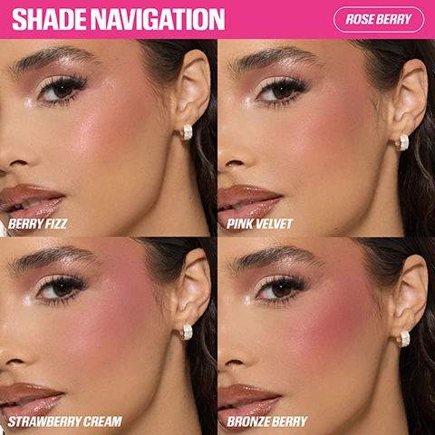 Image 1 - Four close-up images of a models face display various blush shades on her cheeks, with the text Shade Navigation, Rose Berry, Berry Fizz, Pink Velvet, Strawberry Cream, and Bronze Berry. Image 2 - A woman with dark styled hair and prominent blush holds an open clear compact displaying four shades of blush, with the text BLUSHED & BLURRED, BUILDABLE, EASY TO BLEND, FILTER FINISH. Image 3 - The image shows an open clear makeup palette with a mirror lid, containing four squares of makeup in pink and coral tones, with the text Ultra-Pigmented & High-Shine, 3 Matte Blushes, and 1 Pearl Highlighter. Image 4 - Three open clear compact makeup palettes, each containing four blush shades and a mirror with a debossed UR logo in one pan, are arranged diagonally, labeled Rose Berry, Toasty Peach, and Baby Pink.