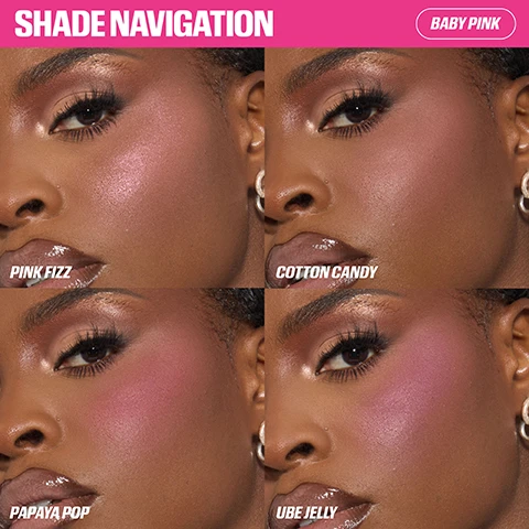 Image 1 - The image shows a four-panel collage of a person with dark skin modeling different blush shades on their cheek, with text overlayed stating SHADE NAVIGATION, BABY PINK, PINK FIZZ, COTTON CANDY, PAPAYA POP, UBE JELLY. Image 2 - A woman with retro-styled hair and prominent makeup holds an open clear compact containing four pans of blush, with the text BLUSHED & BLURRED, BUILDABLE, EASY TO BLEND, FILTER FINISH. Image 3 - A clear plastic makeup palette with four shades of blushes and a pearl highlighter, including an embossed UDR logo on one pan, is shown open with a mirror against a light background, with text reading ULTRA-PIGMENTED & HIGH-SHINE, 3 MATTE BLUSHES, and 1 PEARL HIGHLIGHTER. Image 4 - Three open compact makeup palettes, each with four shades and a mirror, are arranged diagonally and labeled Baby Pink, Toasty Peach, and Rose Berry.