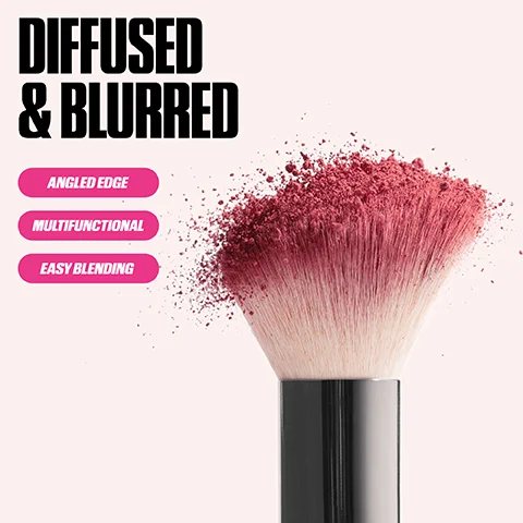 A makeup brush with white bristles covered in pink powder on a light background, accompanied by the text Diffused & Blurred, Angled Edge, Multifunctional, and Easy Blending.